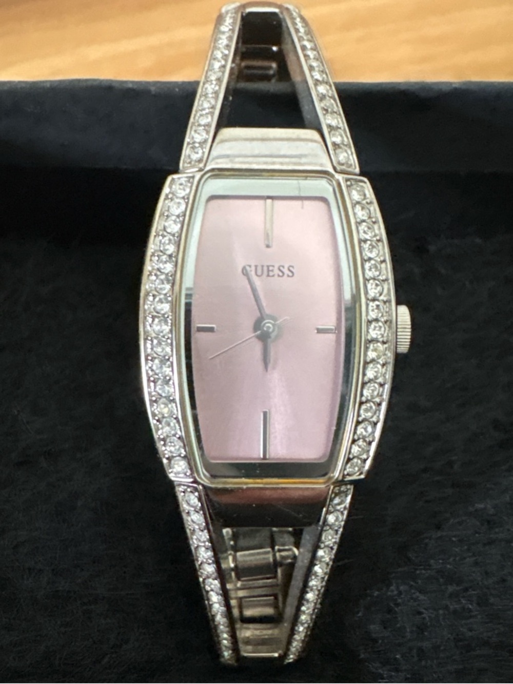 Guess Silver-Tone Bracelet Watch with Pink Dial and Crystal Accents